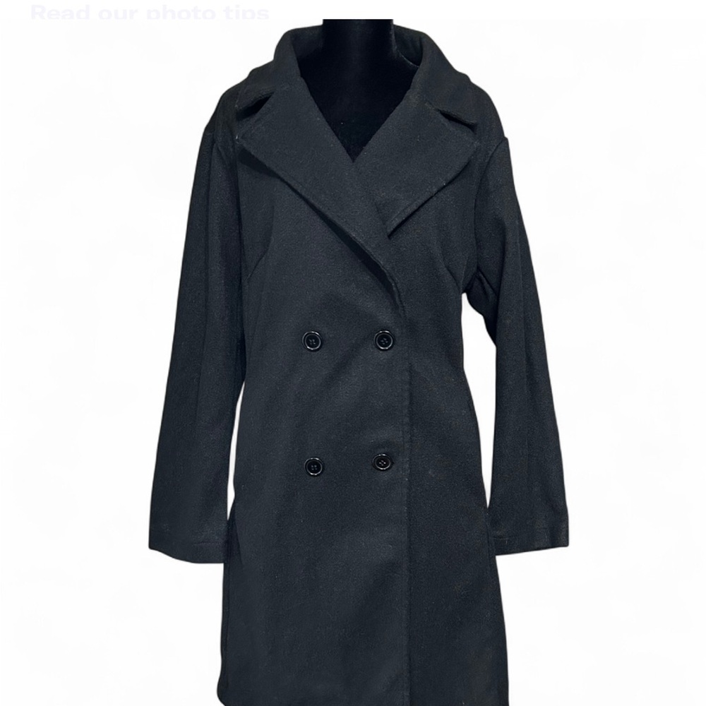 SHEIN Curve Black 100% Polyester Double Breasted Trench Coat 0XL Exellent Cond.